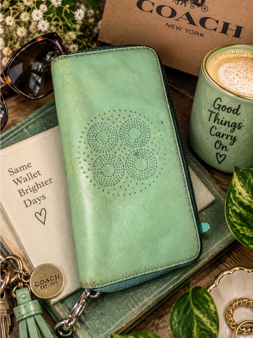 Coach Audrey Perforated Signature C Accordion Zip Wallet Mint Sage Green Leather